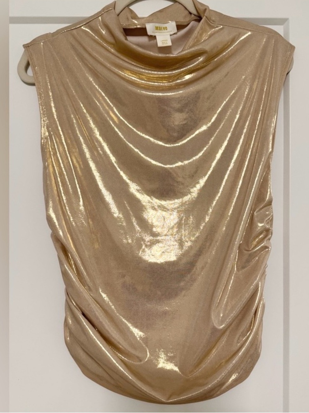 ❤️… Anthropologie Maeve Sleeveless Metallic Gold Ruched Top